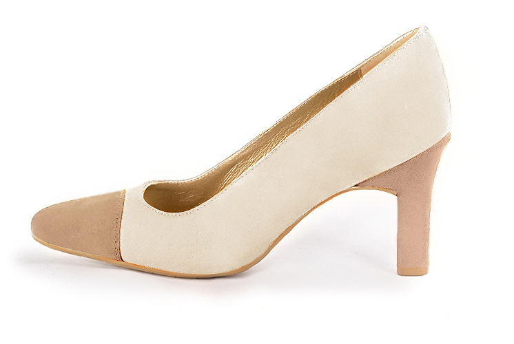 Tan beige women's dress pumps, with a round neckline. Round toe. High kitten heels. Profile view - Florence KOOIJMAN